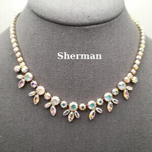 Vintage Sherman Aurora Borealis Rhinestone Gold Plated Choker Necklace, 1960s